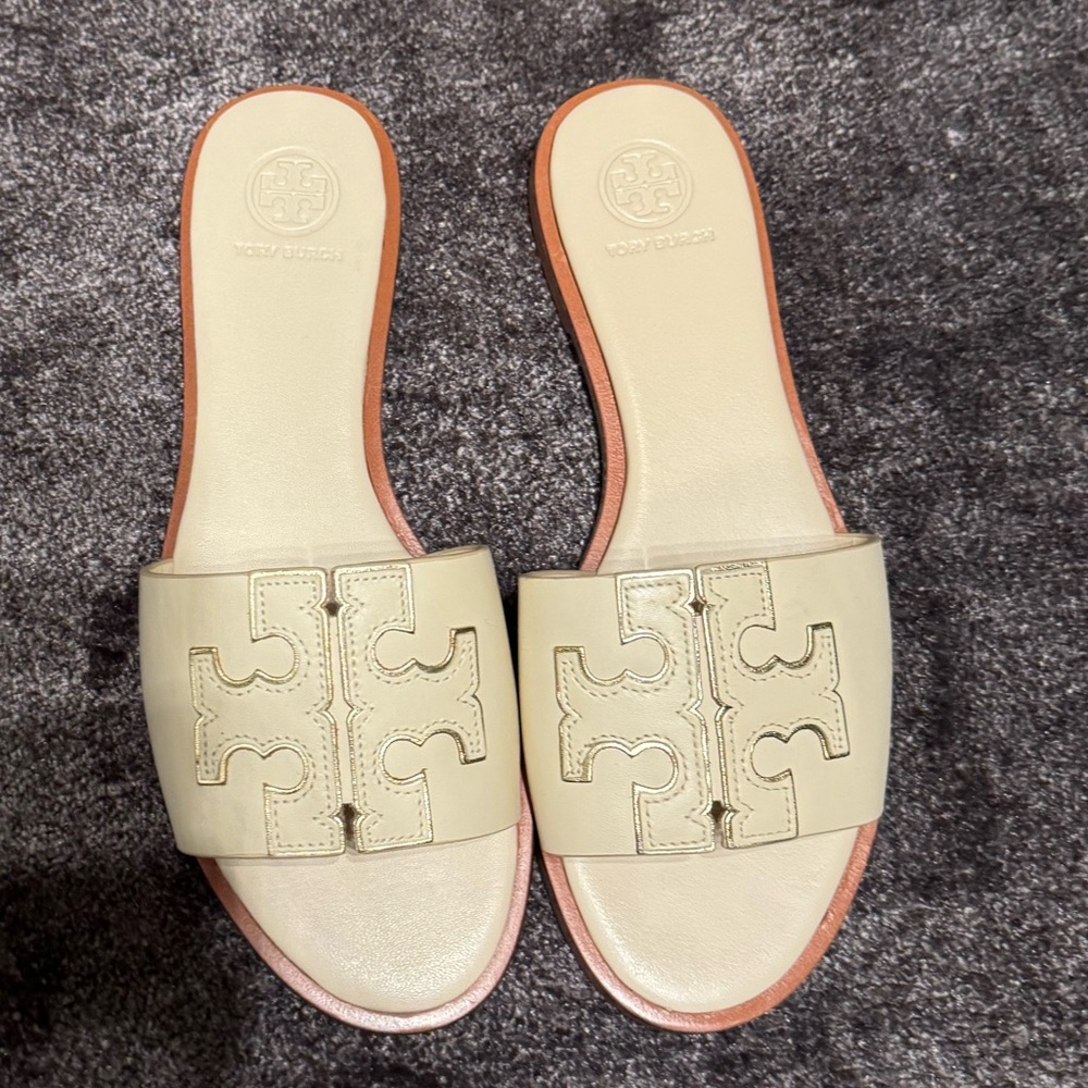 SOLD ‼️ Tory Burch Ines Cream/Gold Trim Leather Slides